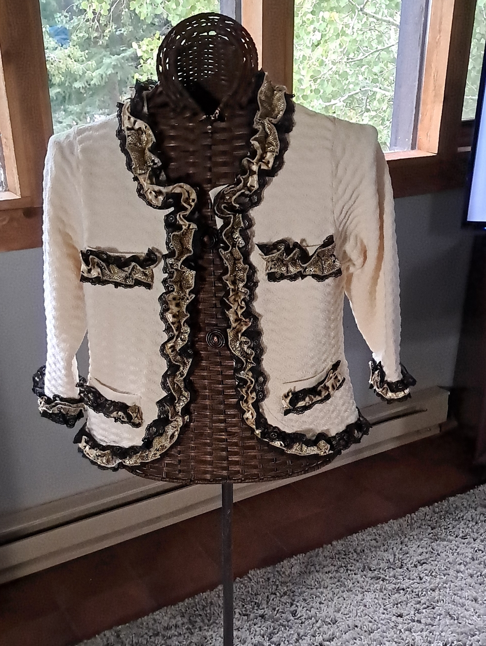 Michael Simon Cream Textured Blazer with Black and Gold Ruffle Trim